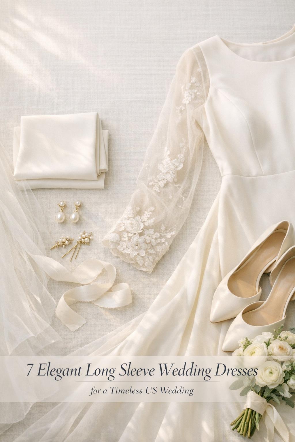 Elegant long sleeve wedding dresses flat lay with ivory gown, lace sleeves, pearl earrings, heels and white bouquet in soft light