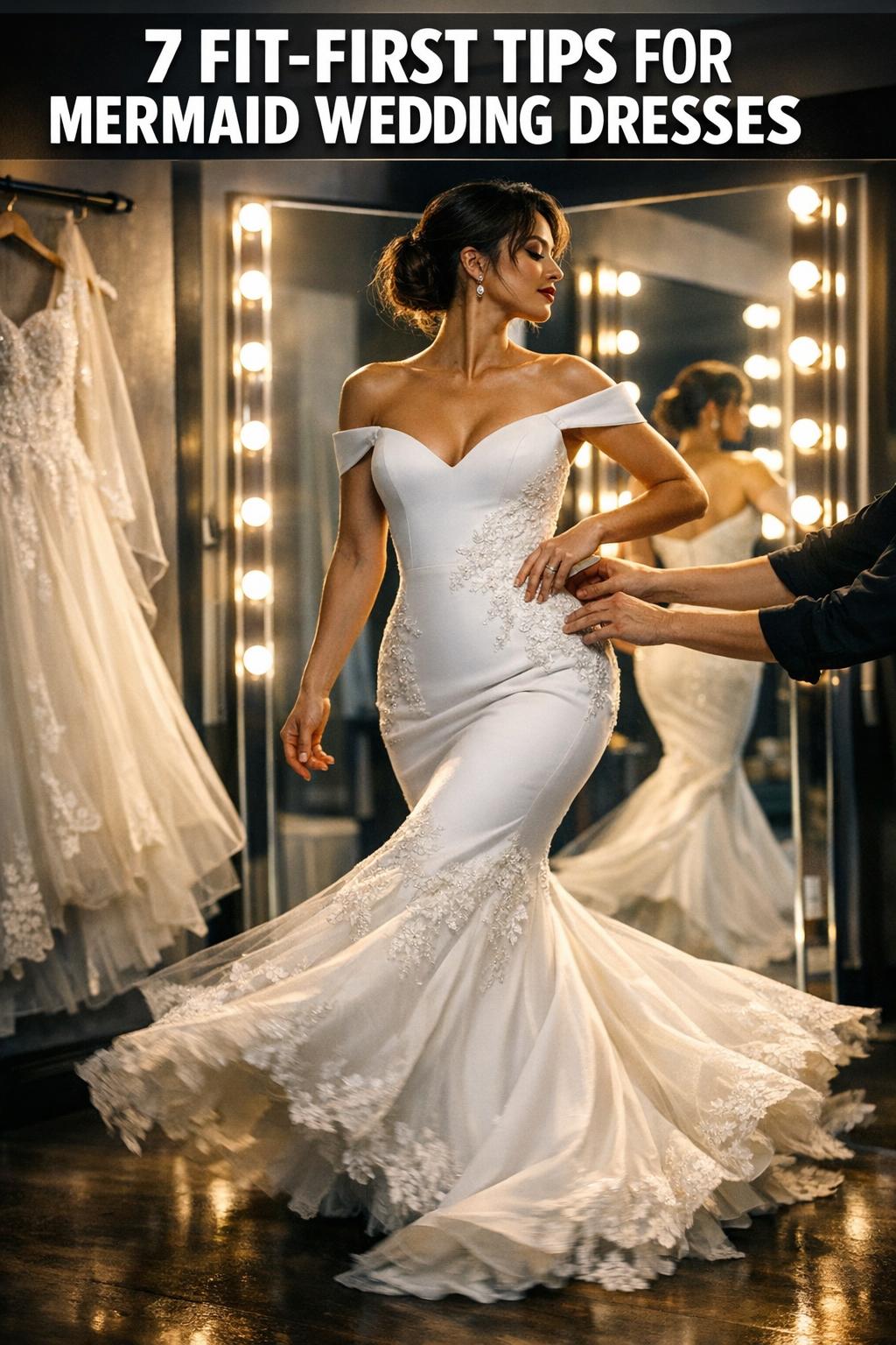 Bride in mermaid wedding dresses posing in an elegant lace gown with a fitted silhouette and sweeping train