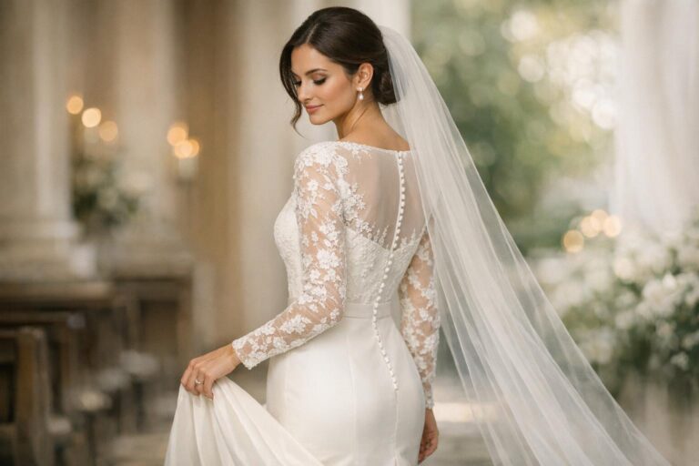 Bride in elegant modest wedding dress with long sleeves and high neckline in soft natural light