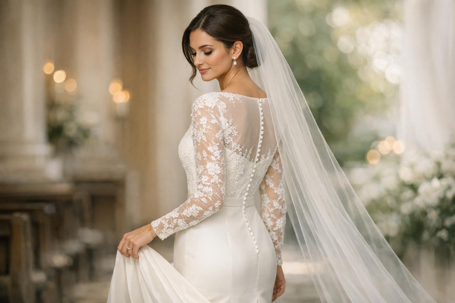 Bride in elegant modest wedding dress with long sleeves and high neckline in soft natural light