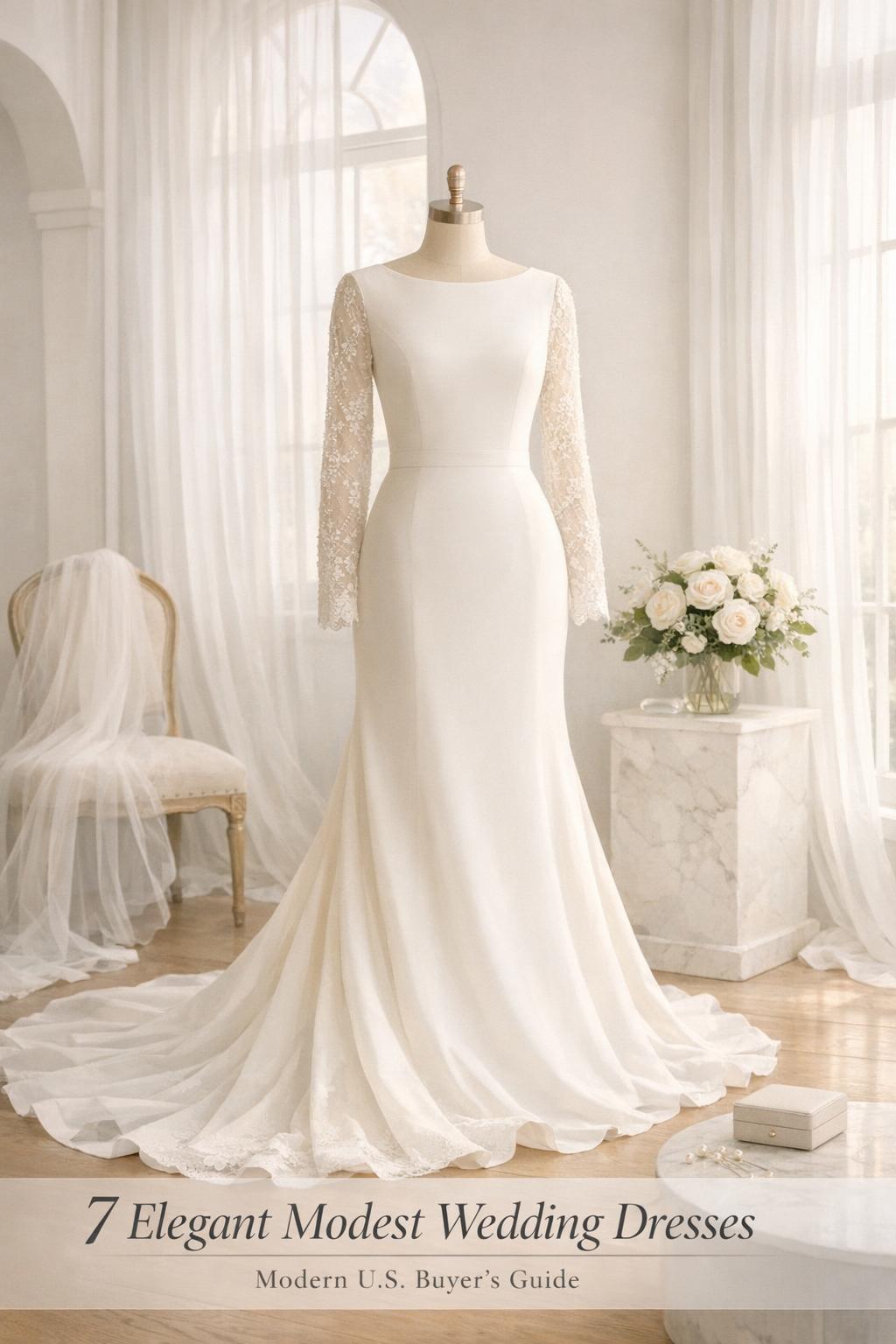Elegant modest wedding dresses on a cream mannequin in a bright bridal boutique by arched windows with veil and roses