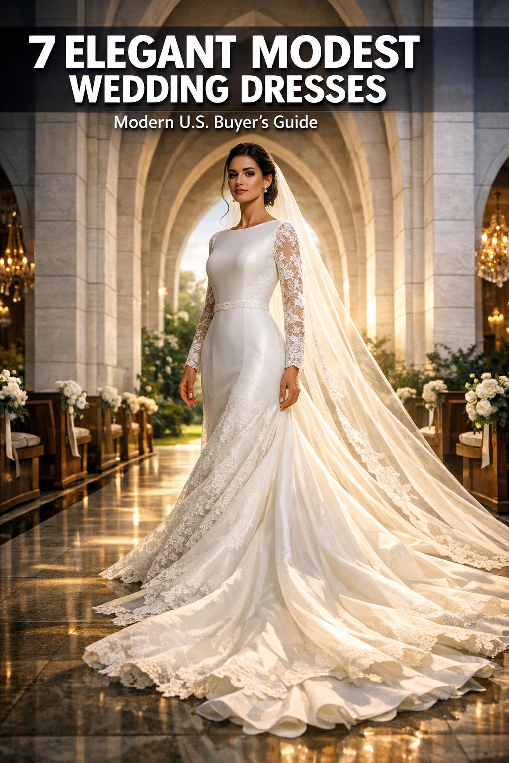 Elegant modest wedding dresses displayed on mannequins in a bright bridal boutique showroom