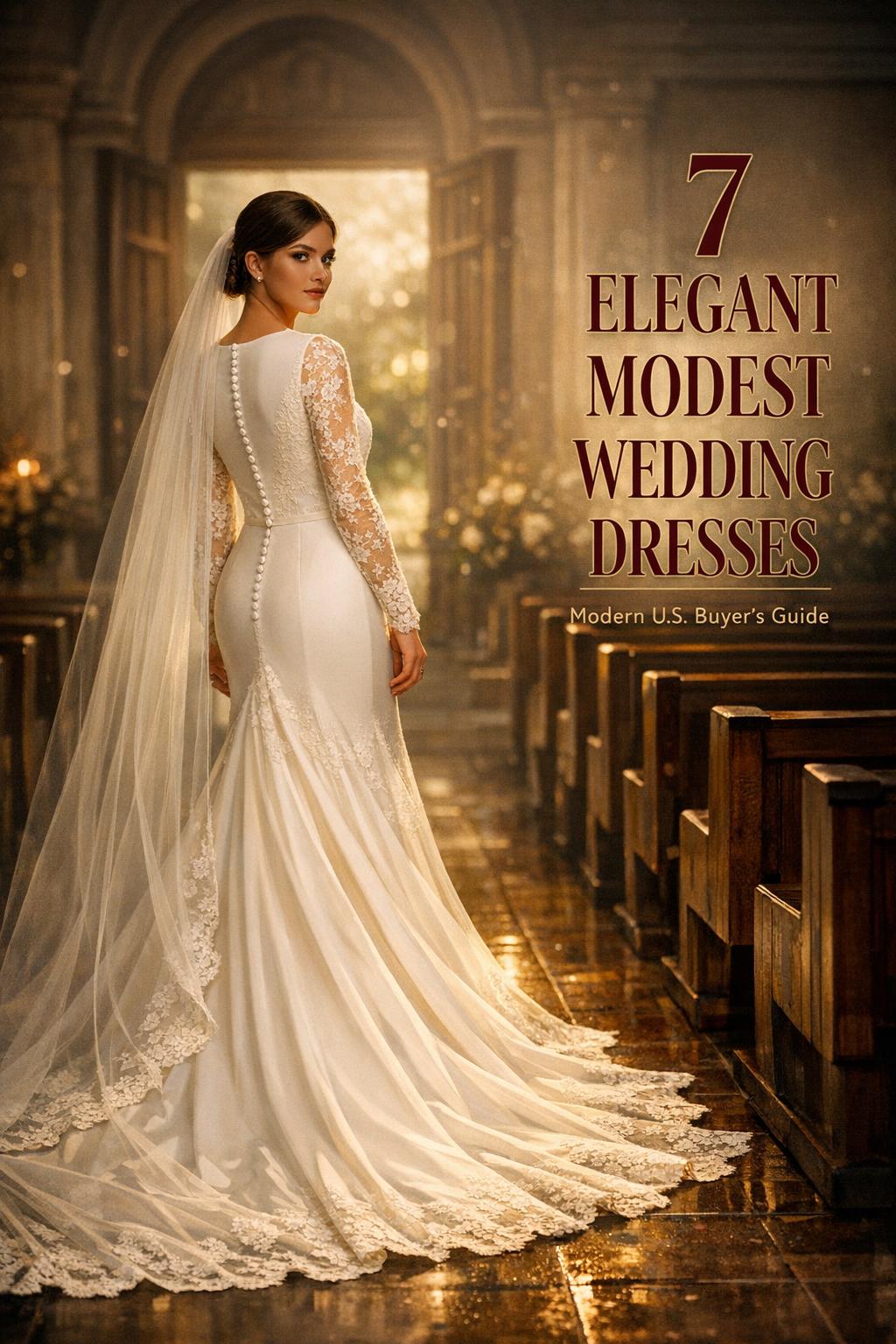 Elegant modest wedding dresses bride in a softly lit church aisle with cathedral veil and lace sleeves