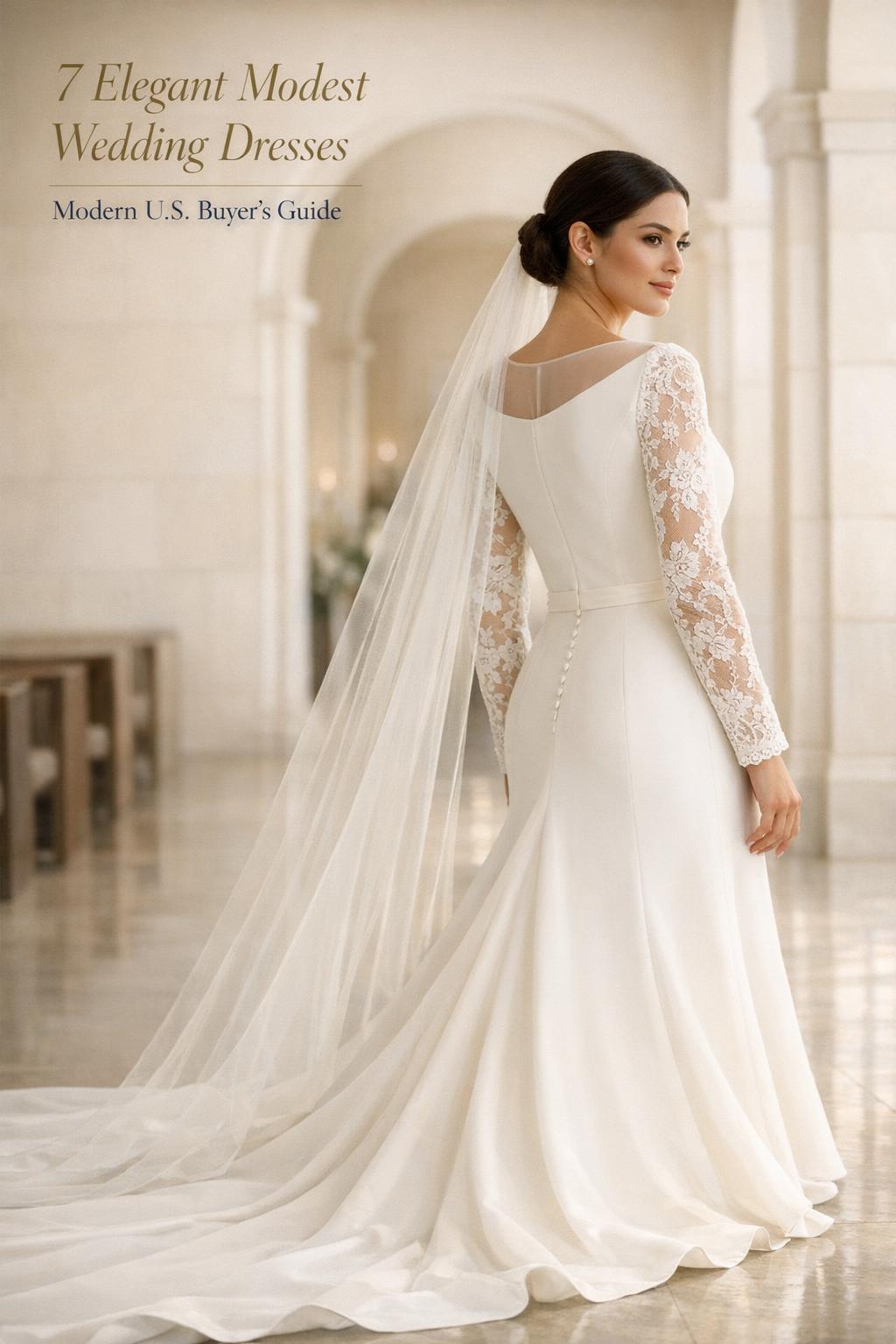 Bride in a high-neck, long-sleeve lace gown with chapel train in bright interior for elegant modest wedding dresses guide