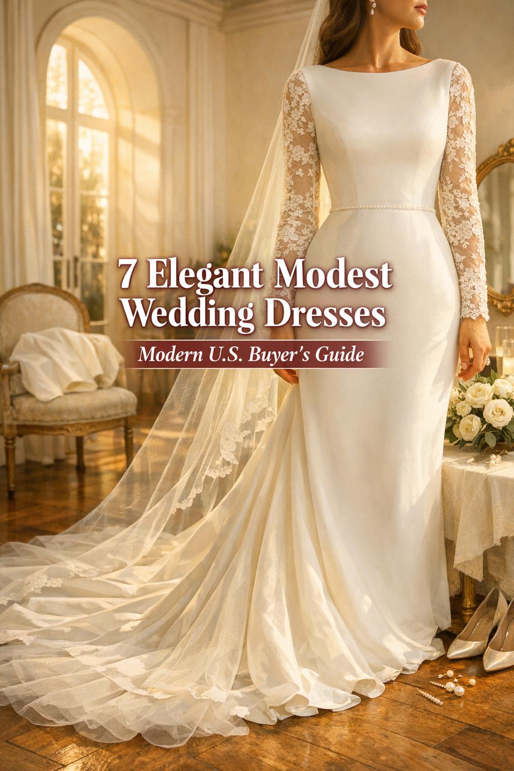 Bride in sunlit venue wearing elegant modest wedding dresses with lace sleeves and satin train, Pinterest guide text overlay