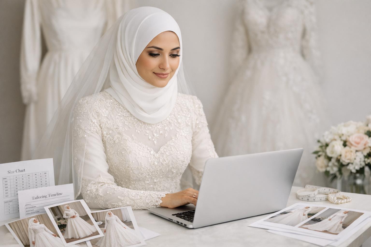 Bride in elegant wedding dresses hijab style with long sleeves and lace, photographed in soft natural light