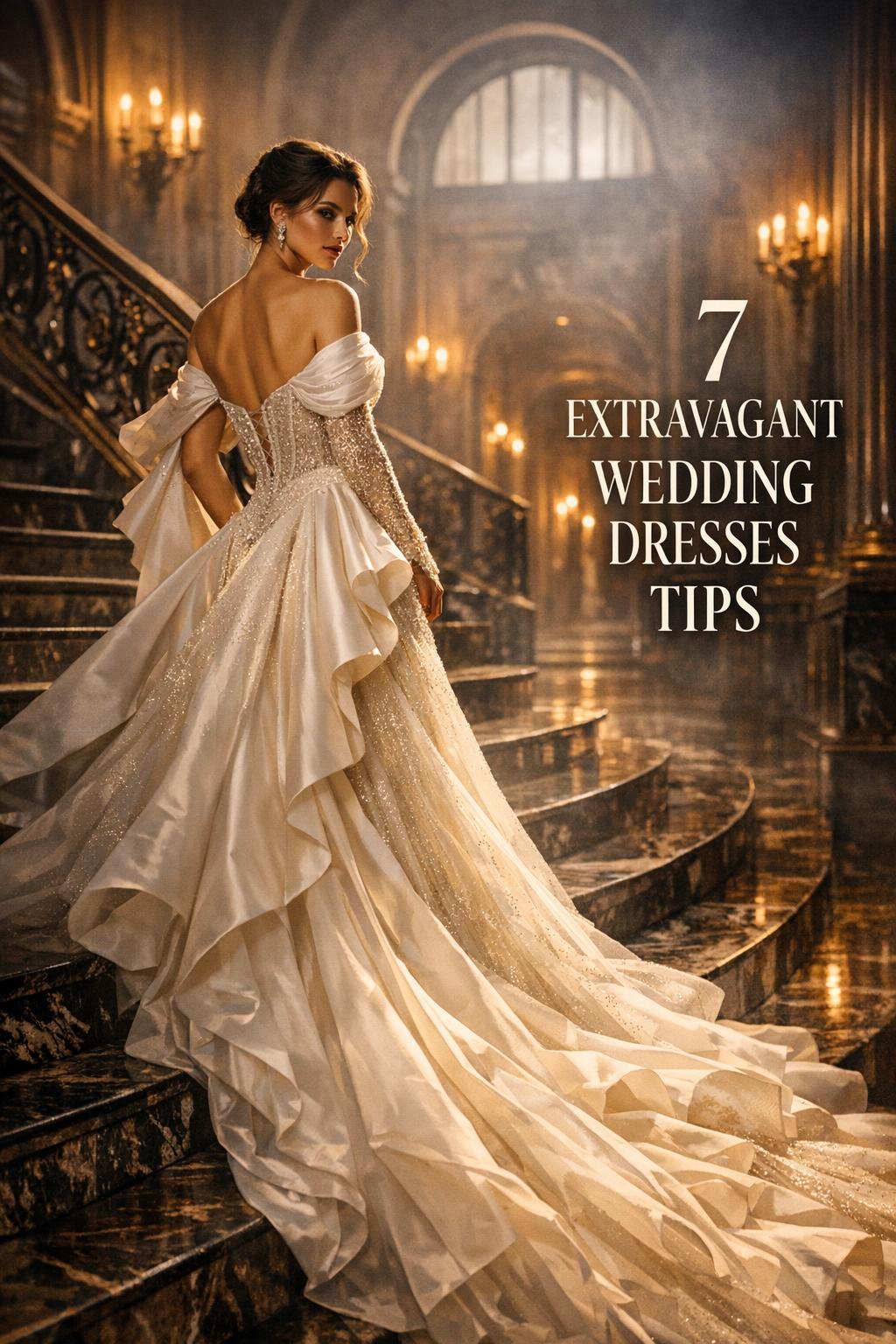 Bride on marble staircase in opulent venue wearing extravagant wedding dresses with dramatic rim light and arched windows