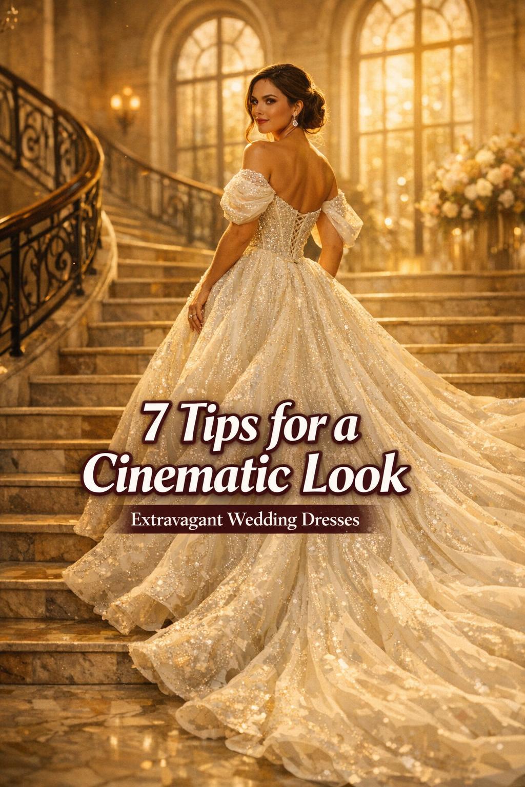 Extravagant wedding dresses bride on sunlit marble staircase in grand venue, dramatic beaded gown with cathedral train at golden hour