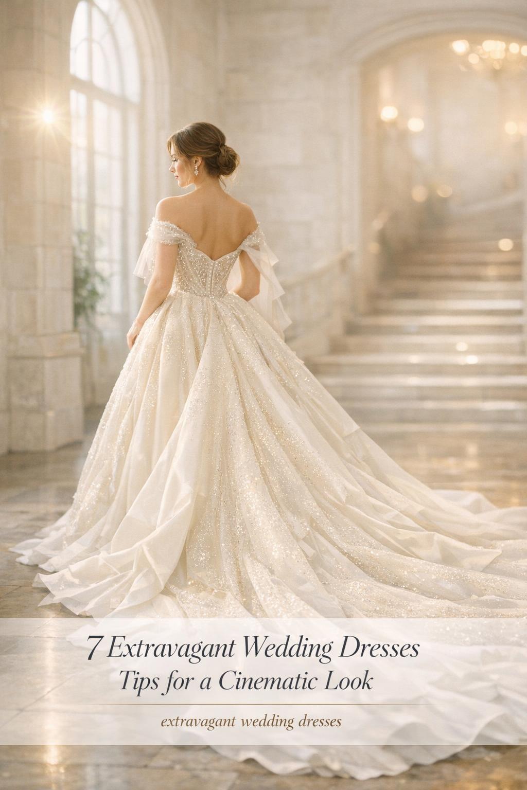 Couture bride in a sunlit salon wearing extravagant wedding dresses with a sparkling cathedral train and arched window backdrop