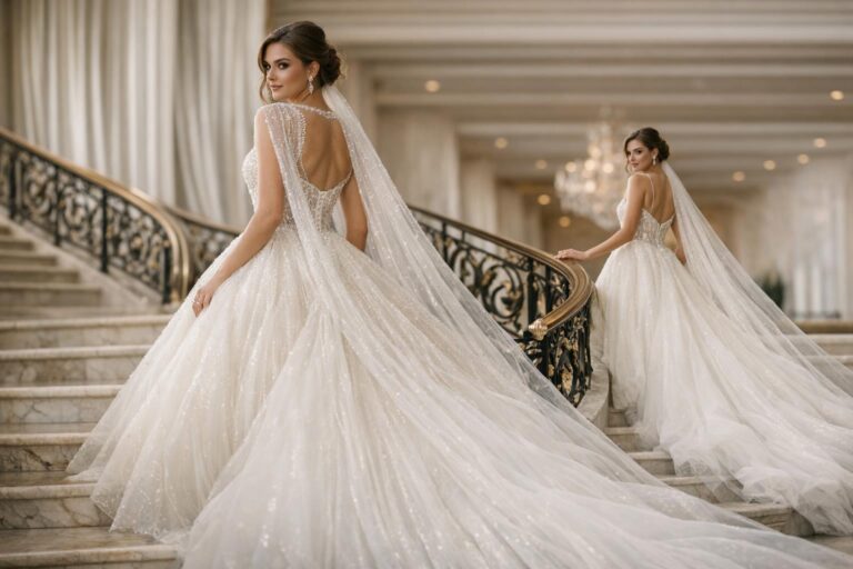 Bride in extravagant wedding dress with dramatic ball gown skirt and long embellished train in a grand venue