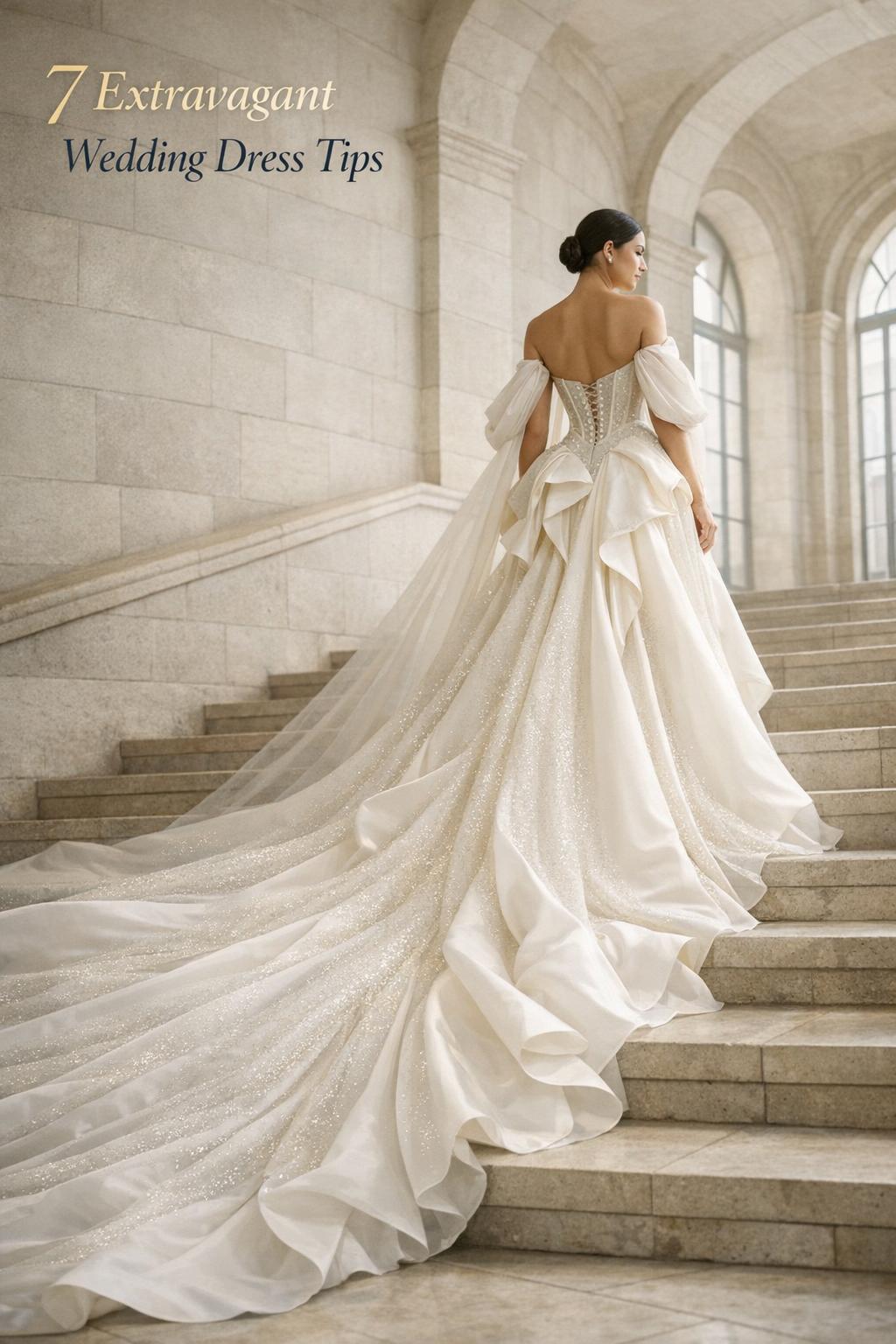 Extravagant wedding dresses on a bride in a couture gown with oversized train on a grand stone staircase