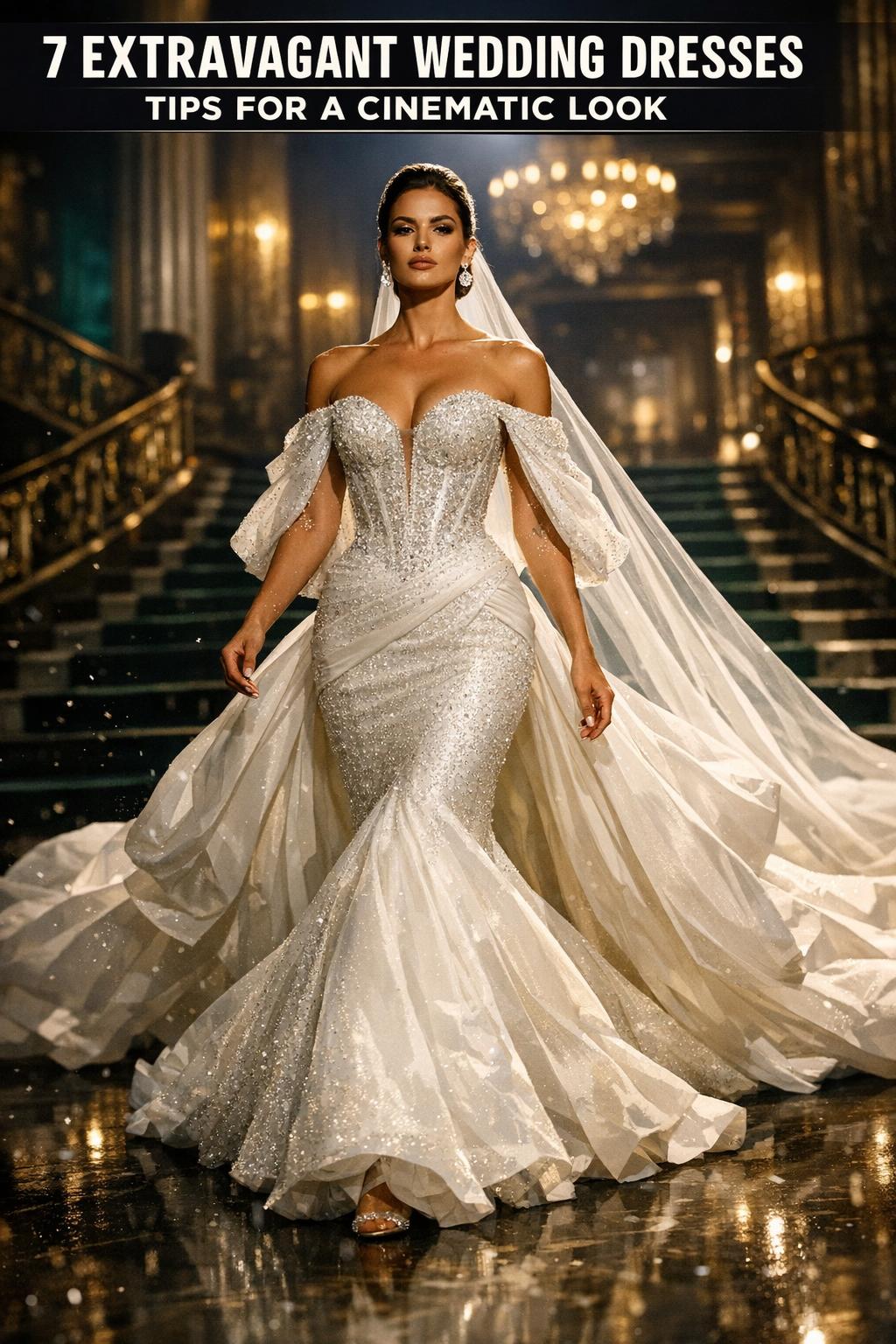 Extravagant wedding dresses displayed in a luxurious bridal boutique with detailed lace, beading, and long trains.