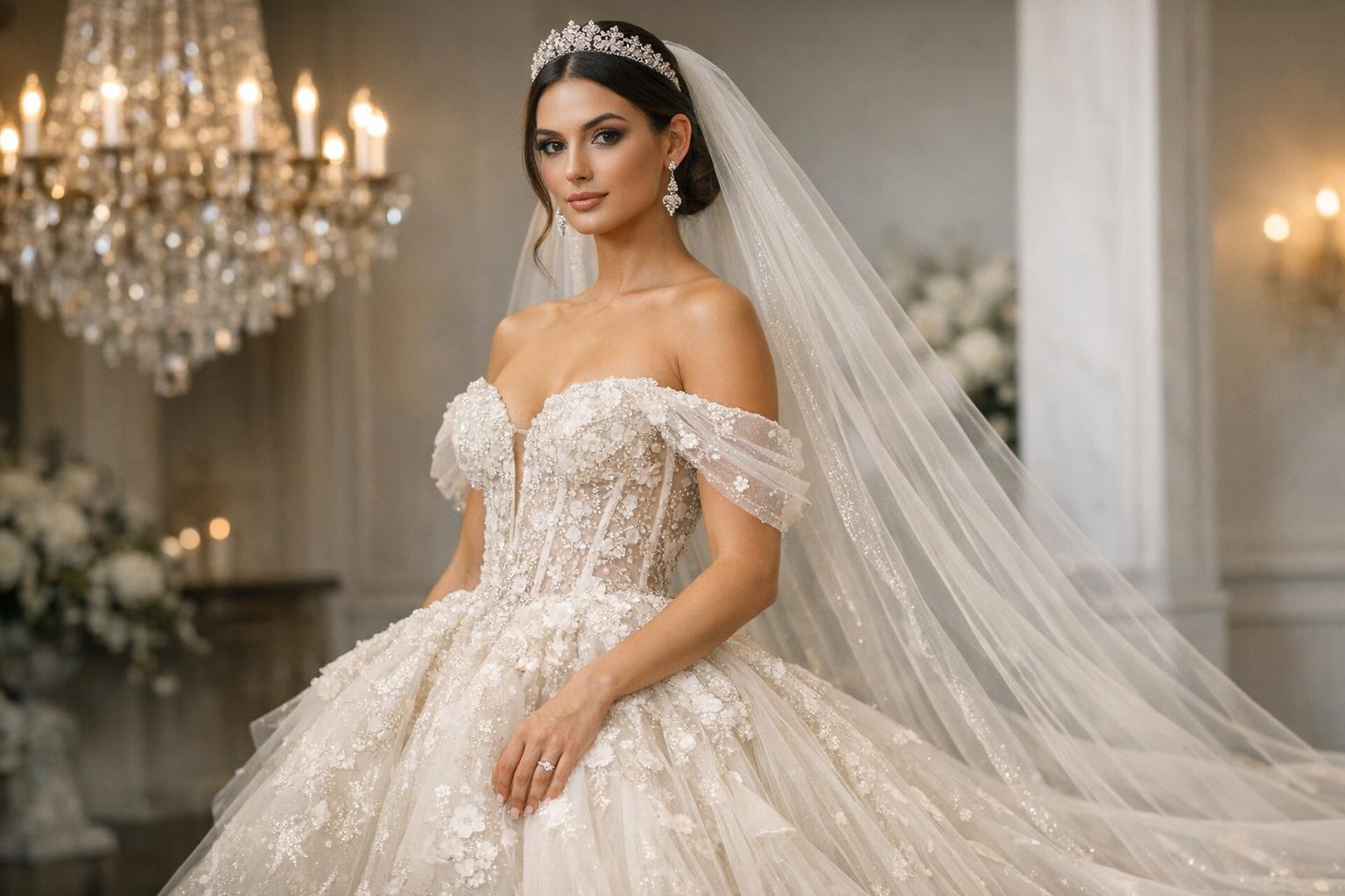 Bride in fancy wedding dress with beaded corset bodice and cathedral train in elegant ballroom