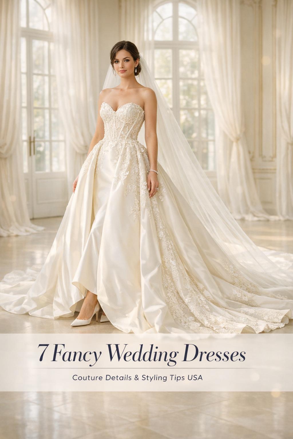 Bride in couture gown and veil in a bright ballroom, showcasing fancy wedding dresses with satin, lace, and a statement train