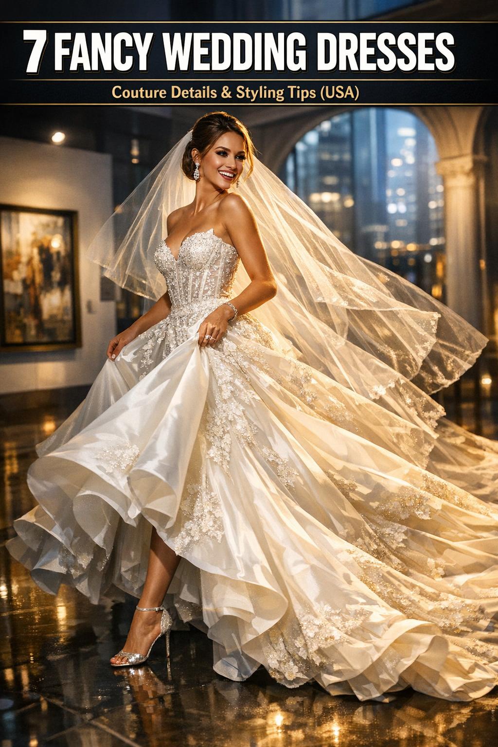 Elegant bride in fancy wedding dresses posing in a sunlit garden, showcasing lace details and a long flowing train