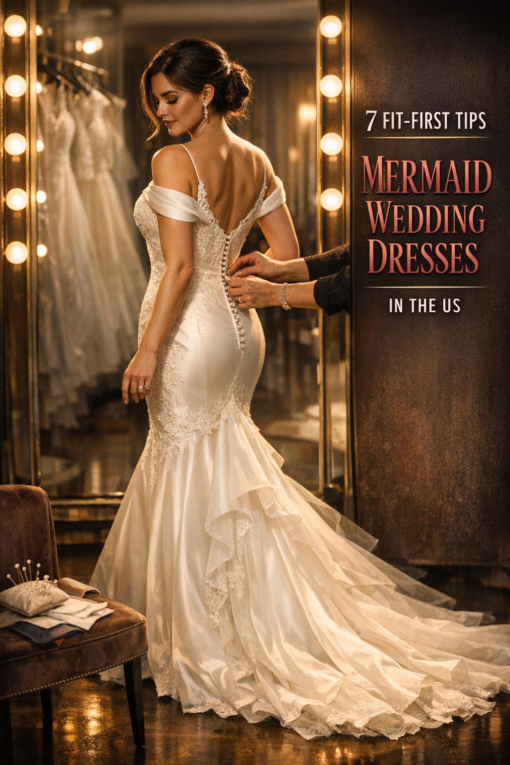 Bride testing fit in mermaid wedding dresses in an upscale bridal boutique fitting room with mirrors, stylist, and text overlay