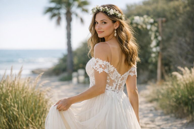 Bride in lace bohemian wedding dress with flowing skirt, photographed outdoors in soft natural light