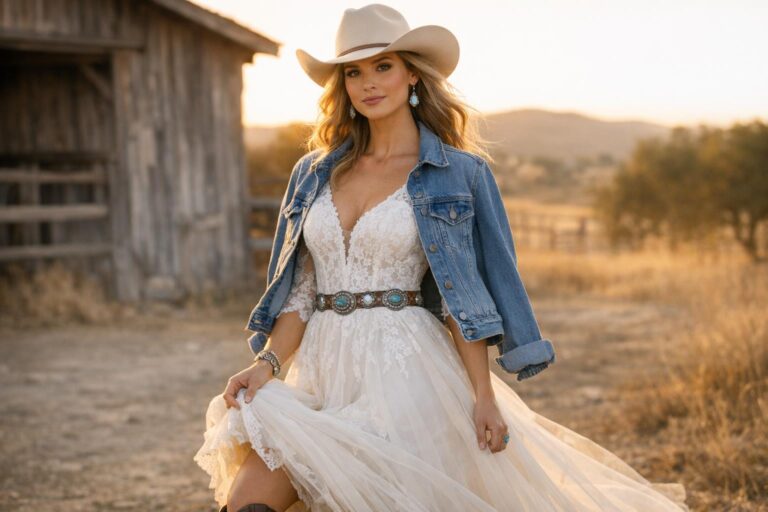 Bride in lace country western wedding dress with cowboy boots at an outdoor ranch wedding ceremony