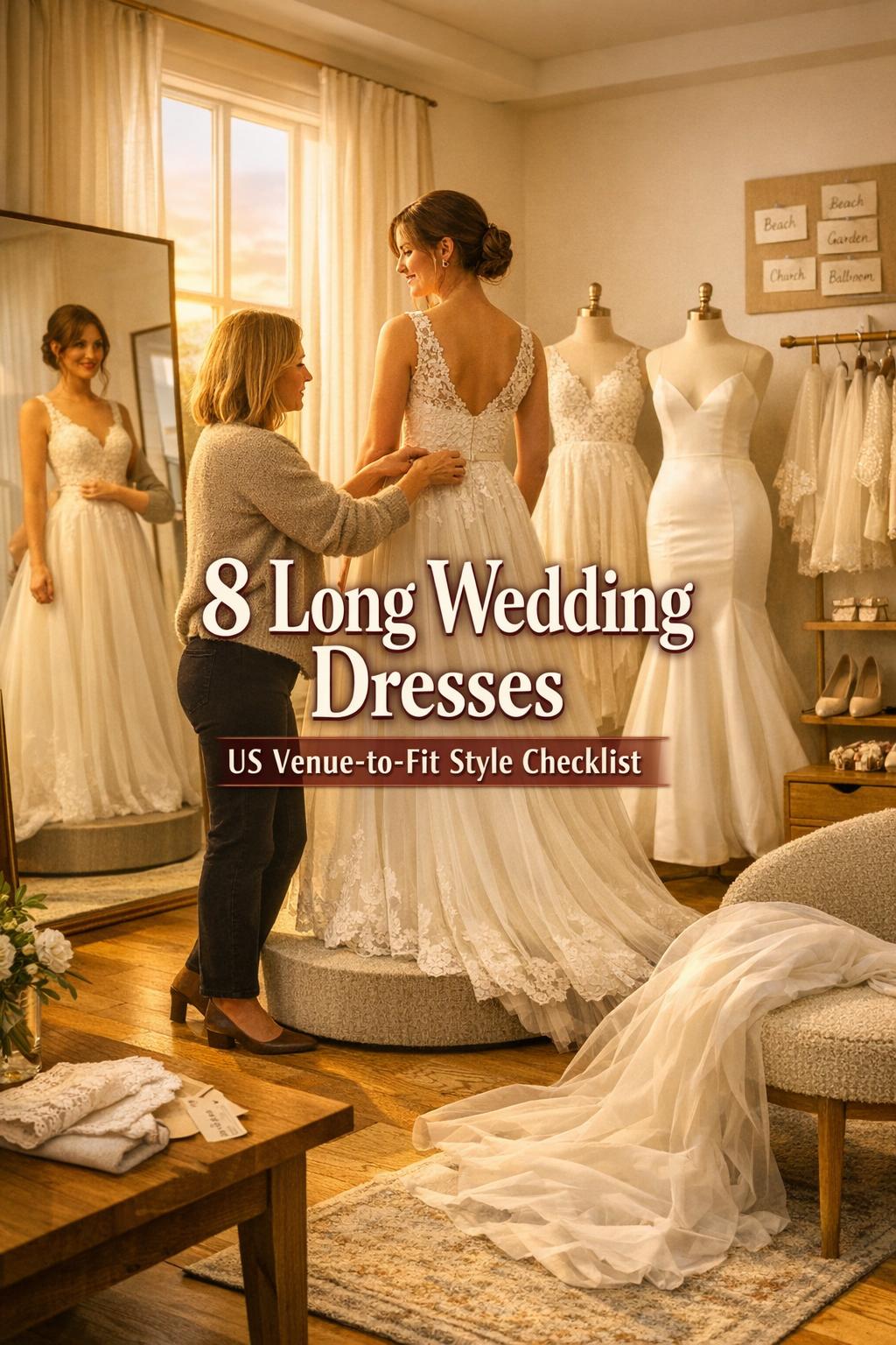 Long wedding dresses comparison in a golden-hour bridal salon as a bride is fitted beside A-line and mermaid mannequins