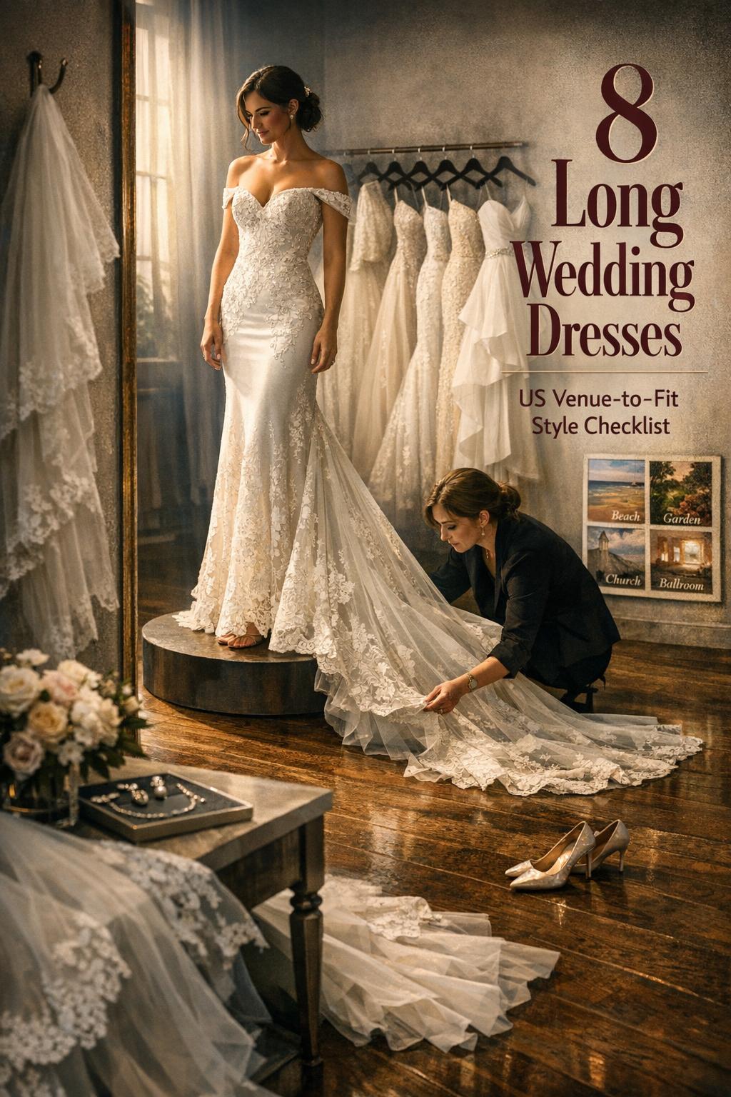 Bride fitting long wedding dresses in modern US bridal salon with stylist, gown rack, heels, and venue mood board