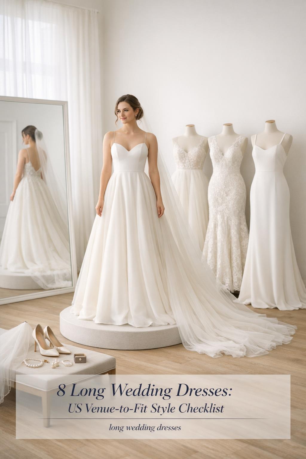 Long wedding dresses style checklist in a bright U.S. bridal salon with bride, four gown silhouettes, and accessories