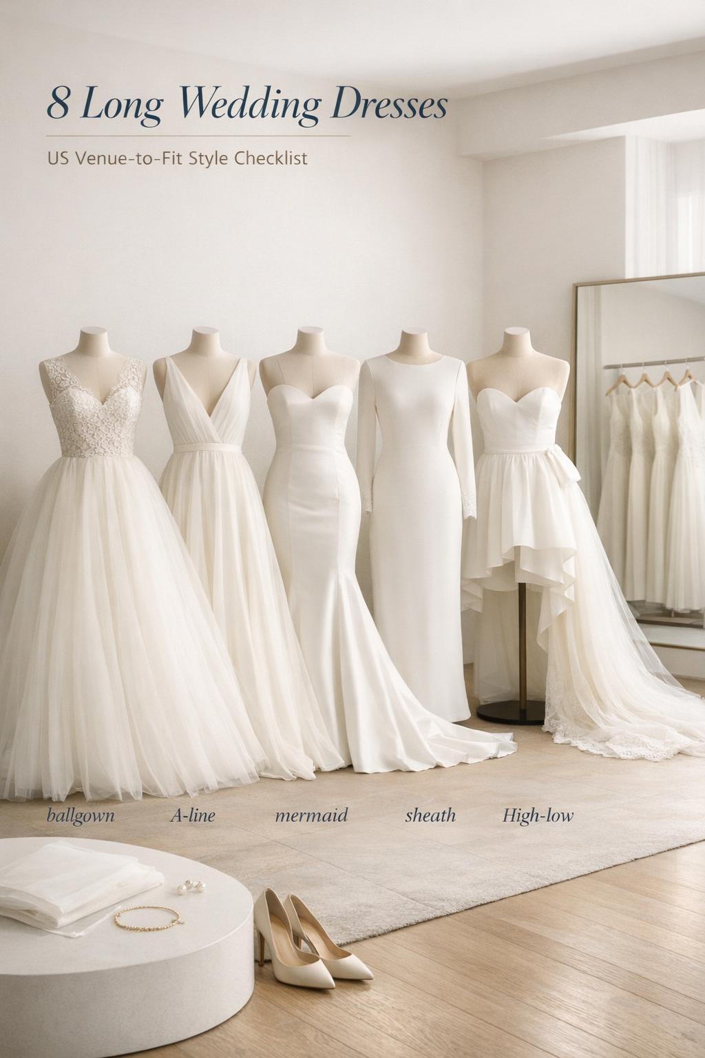 Long wedding dresses checklist in a modern U.S. bridal salon with five gown silhouettes on mannequins and accessories.