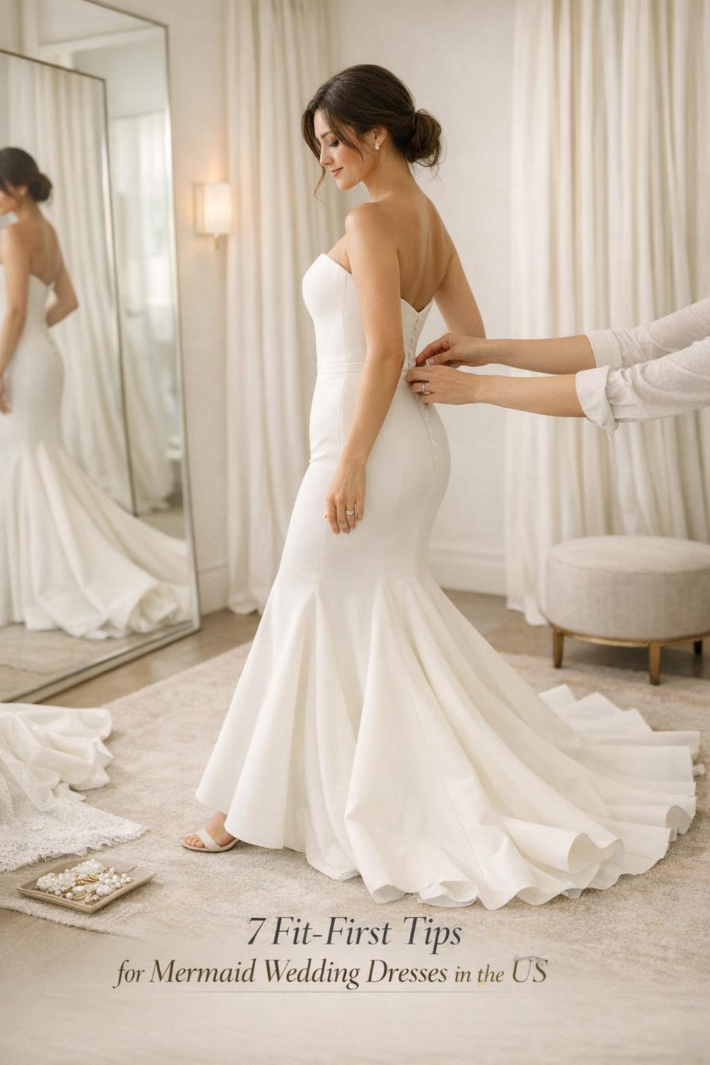 Mermaid wedding dresses fitting room photo of bride in sleek crepe gown with flared skirt and stylist tailoring the waist