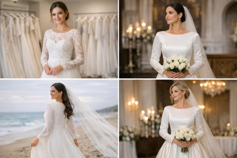 Bride in long-sleeve lace A-line gown with high neckline, wedding dresses modest style in a bright bridal studio