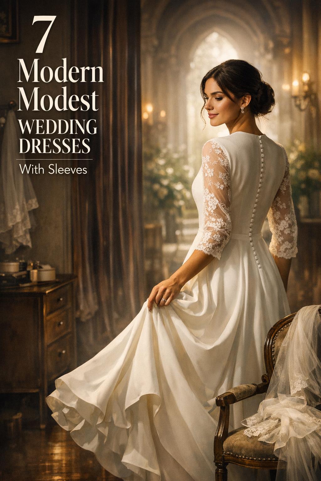 Bride trying on modest wedding dresses with sleeves in a luxe boutique fitting room, moody cinematic light