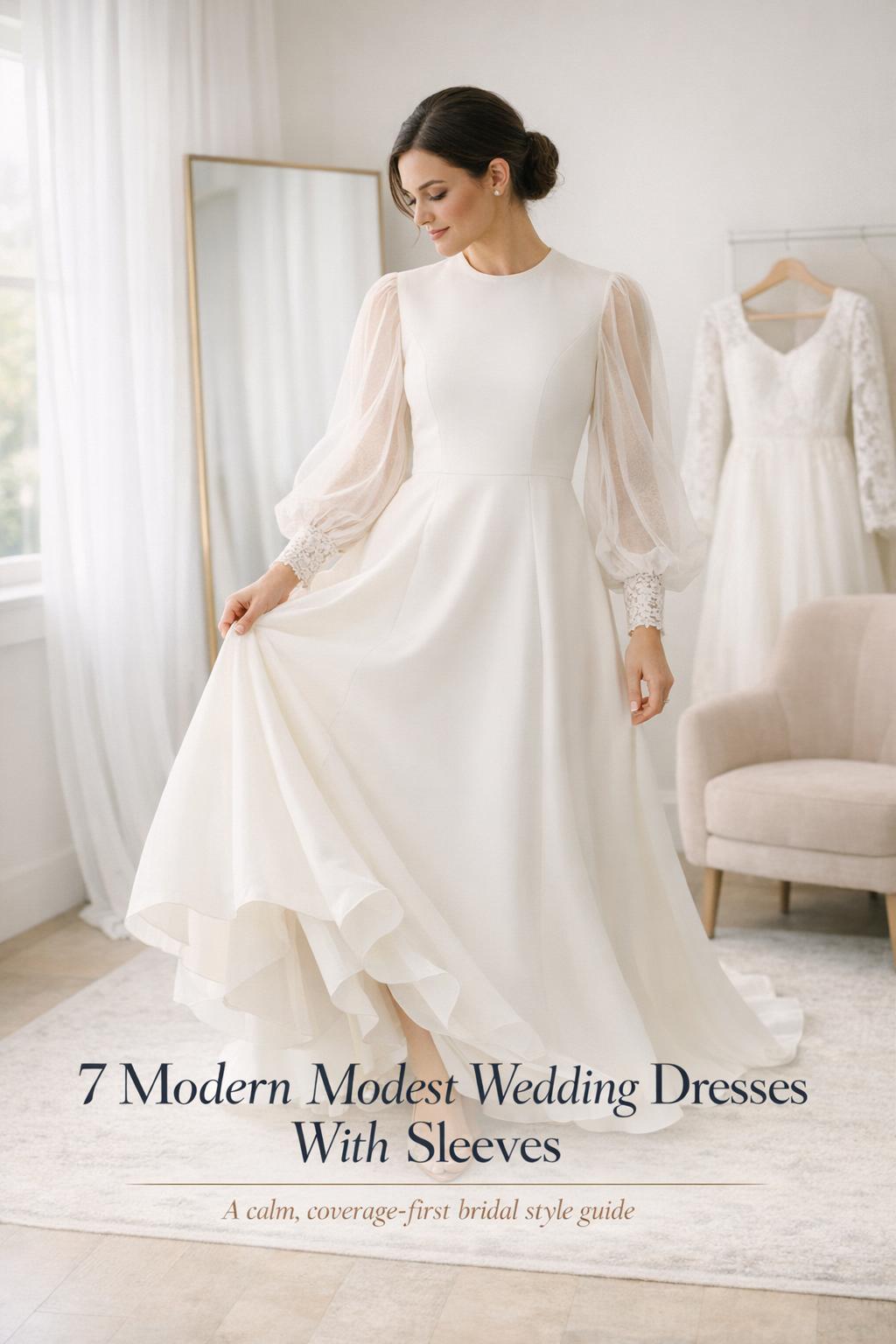 Bride in boutique fitting room wearing modest wedding dresses with sleeves, airy ivory gown with bishop tulle sleeves