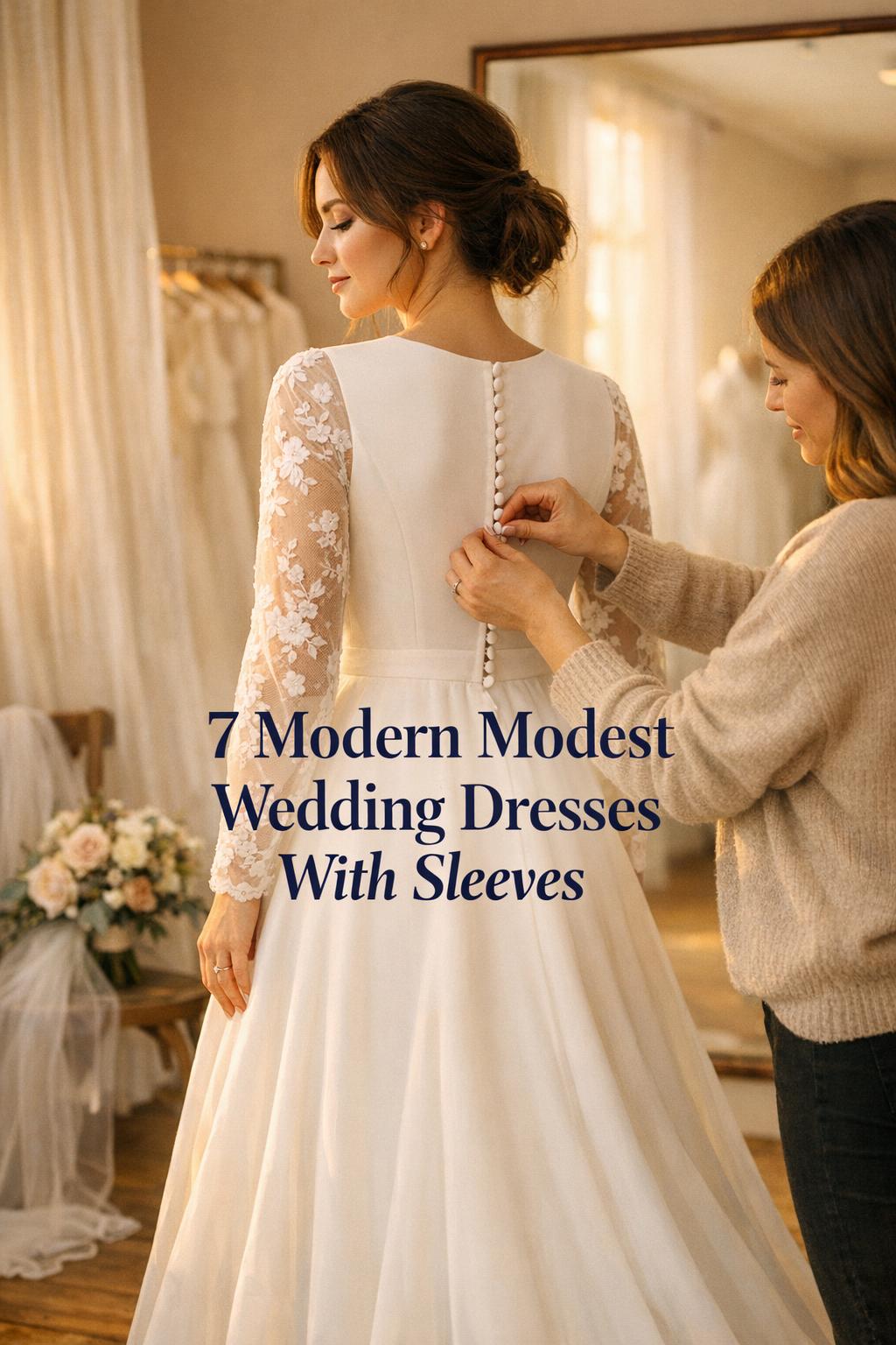 Bride in boutique fitting room wearing modest wedding dresses with sleeves as stylist adjusts lace back in golden-hour light