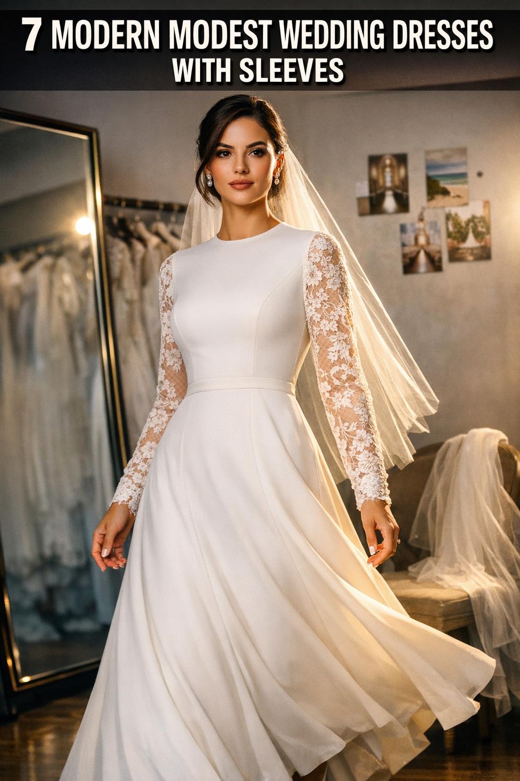 Modest wedding dresses with sleeves shown on a bride in an elegant indoor bridal portrait.