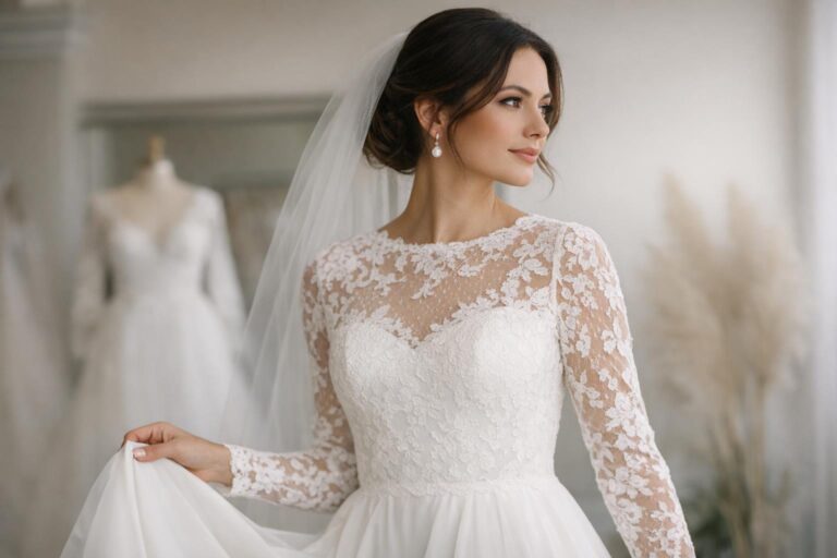 Modest wedding dresses with sleeves featuring lace and illusion details in elegant silhouettes for modern US brides