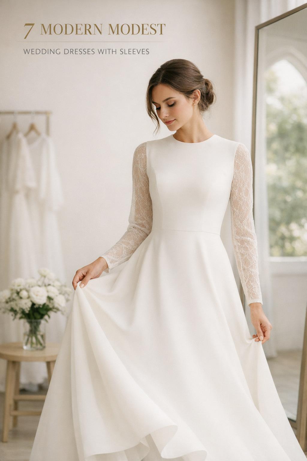 Bride in boutique fitting room wearing modest wedding dresses with sleeves, matte ivory A-line gown in soft window light