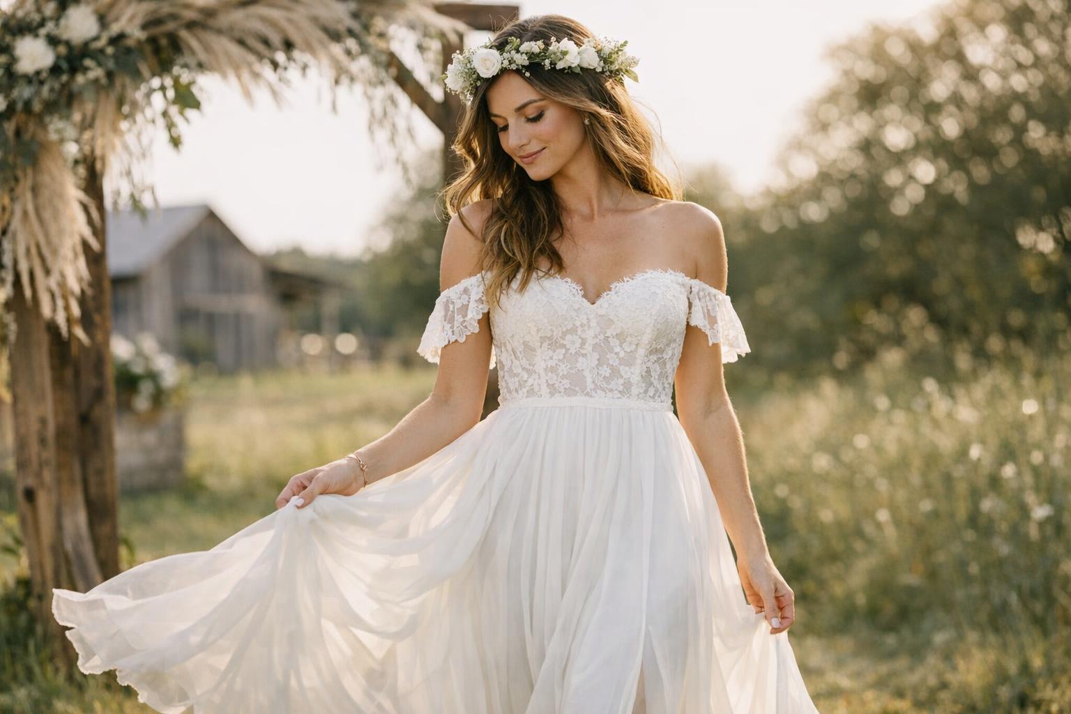 Bride in a flowing lace boho wedding dress outdoors at golden hour, holding a wildflower bouquet