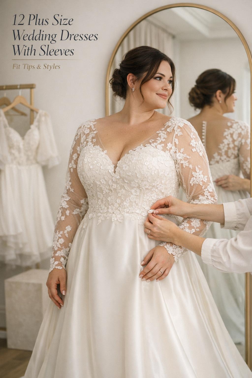 Plus size wedding dresses with sleeves in a bright bridal boutique, bride in ivory lace A-line gown by mirror