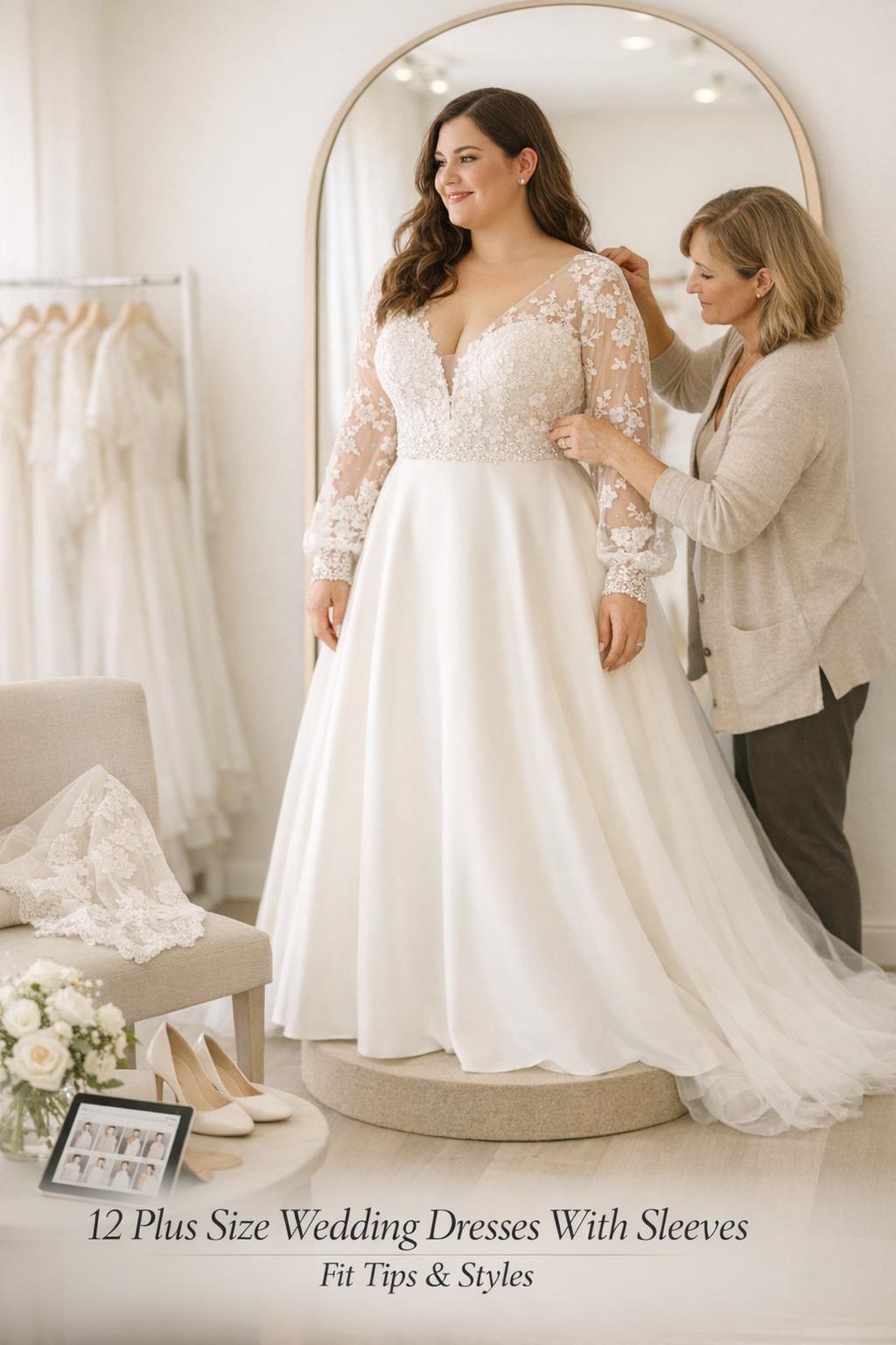 Plus size wedding dresses with sleeves fitting in a bright bridal boutique, seamstress adjusting lace illusion gown by mirror