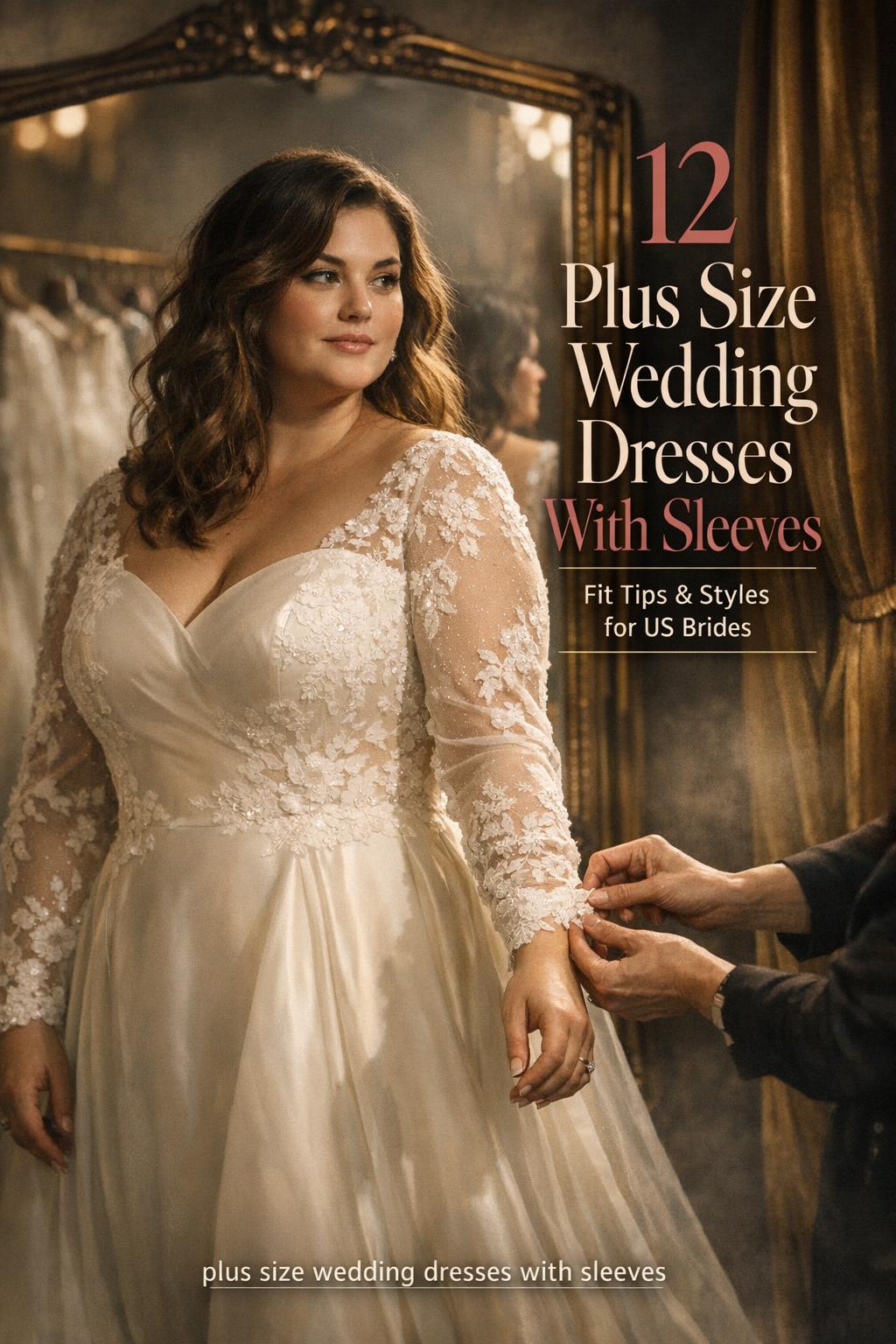 Plus-size bride trying on ivory lace sleeve gown in boutique mirror, plus size wedding dresses with sleeves