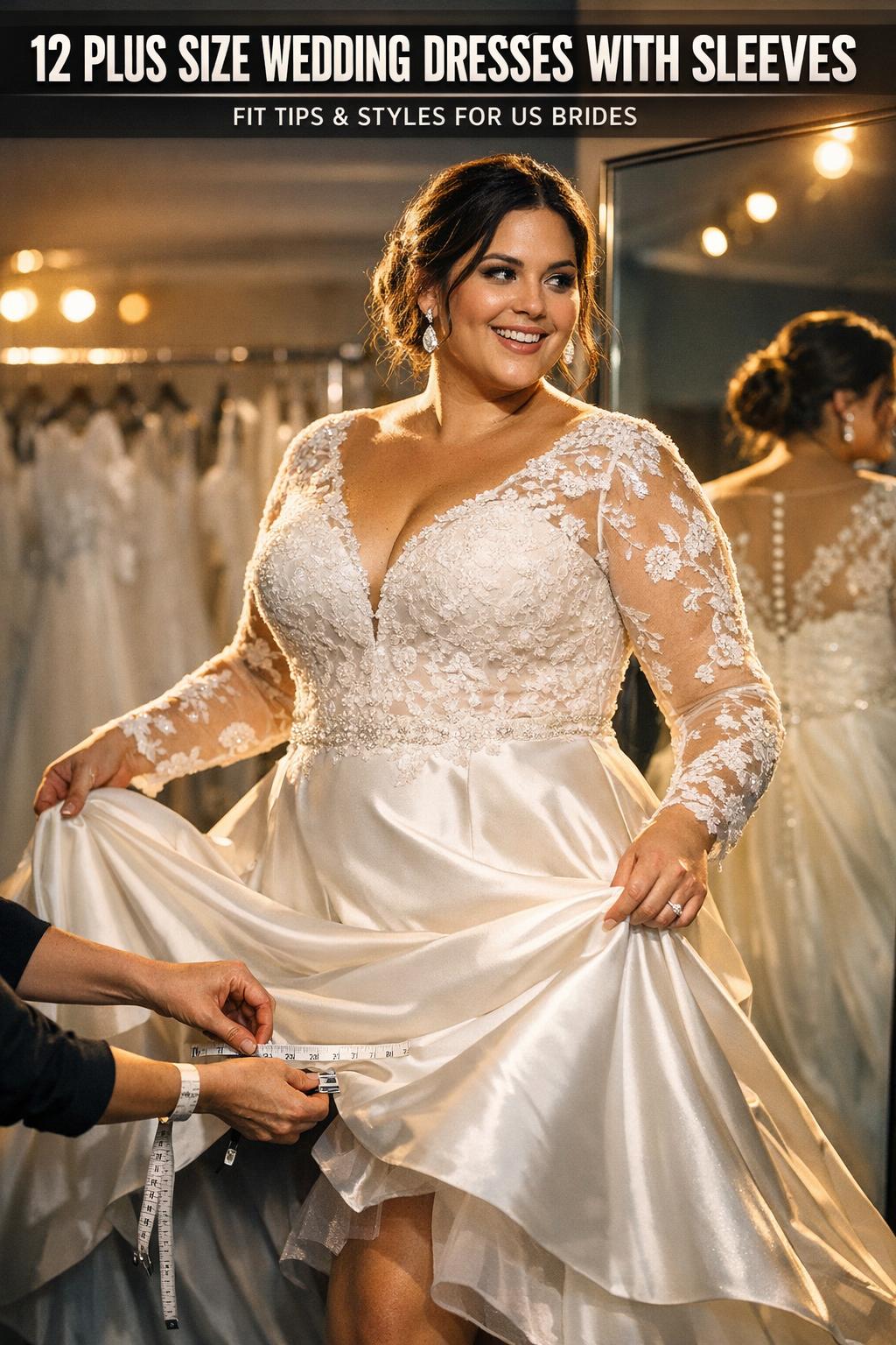 Plus size wedding dresses with sleeves in a bright bridal boutique, showcasing elegant lace and satin details.