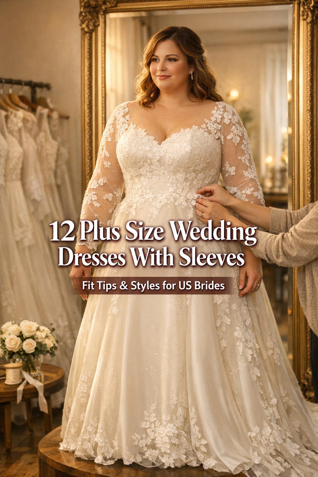 Plus size wedding dresses with sleeves in a golden-hour bridal boutique, bride in ivory lace gown by mirror