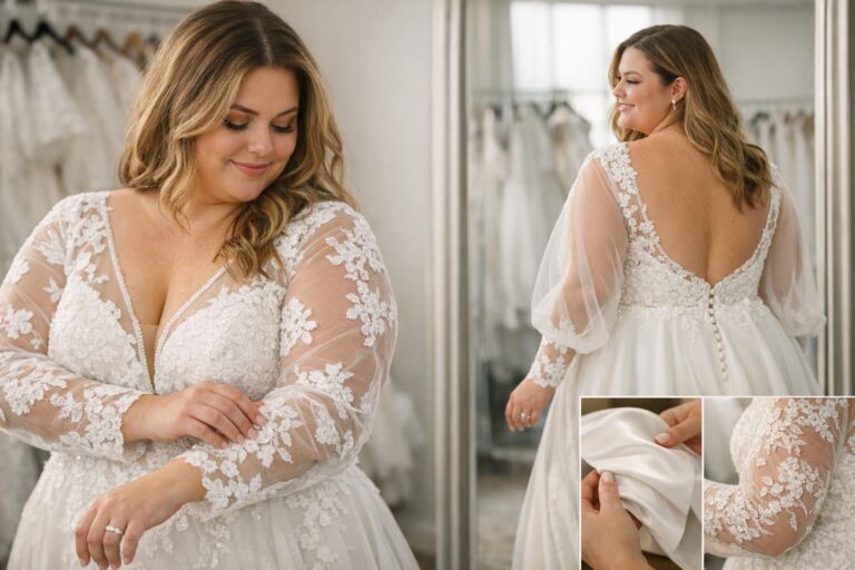 Plus size wedding dresses with sleeves featuring lace bodice, V-neckline, and elegant long sleeves in a bridal boutique