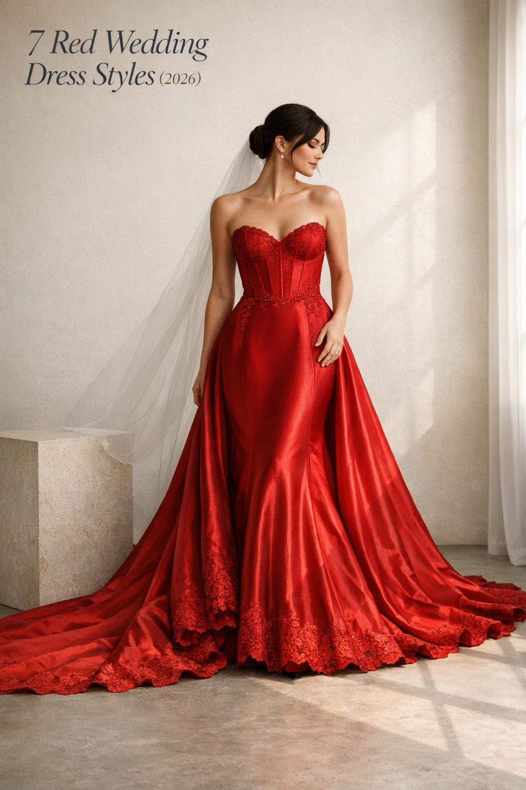Bride in a satin crimson gown in a minimalist studio, showcasing red wedding dresses with a long train and corset bodice