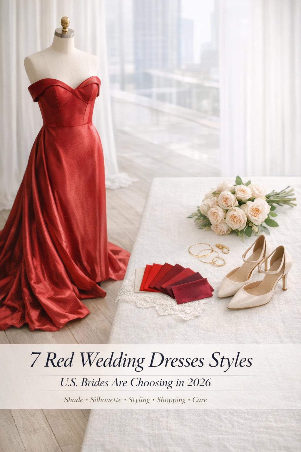 Red wedding dresses flat lay with ruby satin gown, bouquet, heels and jewelry in bright airy studio