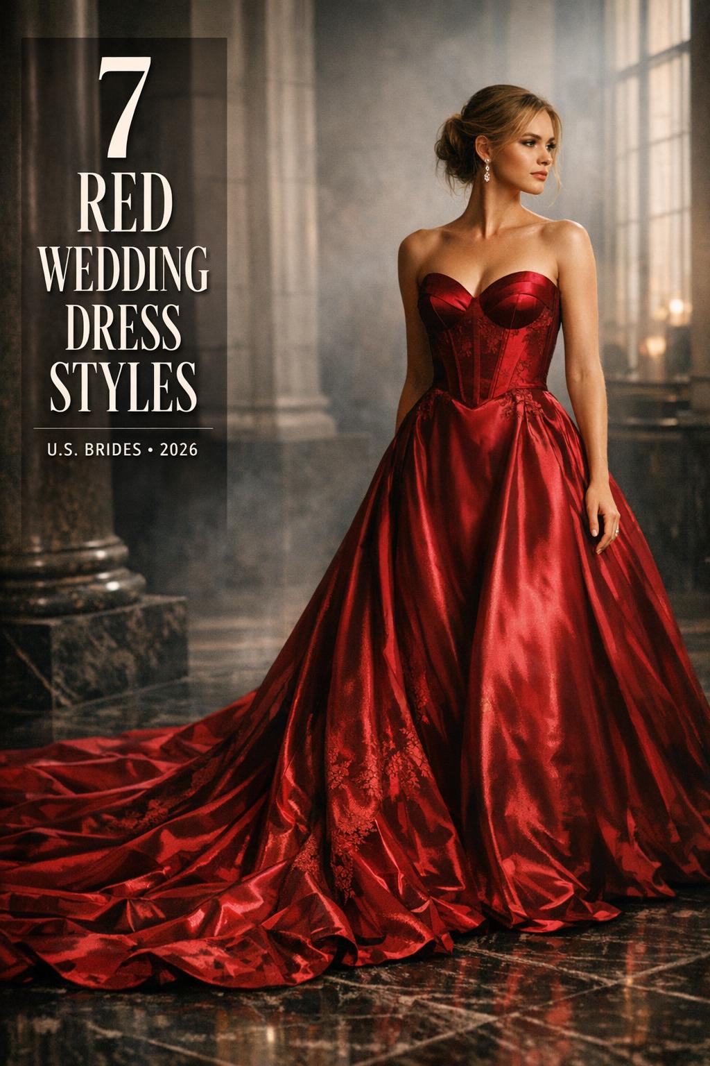 Red wedding dresses on a U.S. bride in a deep ruby satin gown inside a minimalist city courthouse with cinematic light