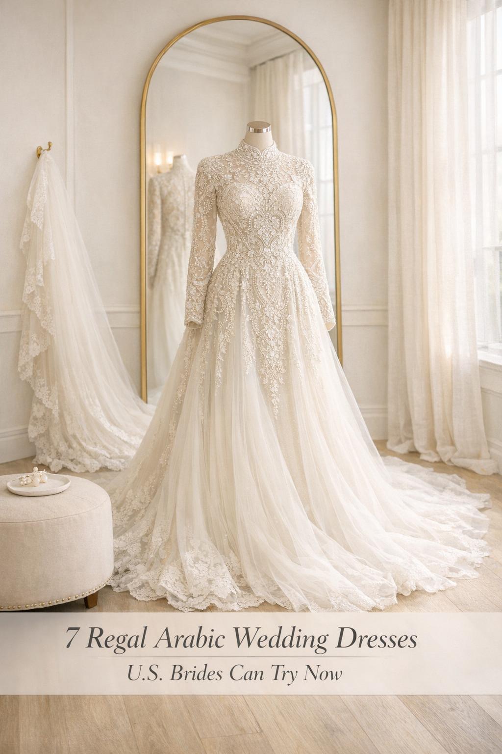 Arabic wedding dresses in a bright U.S. bridal boutique, couture lace gown on mannequin with long sleeves and train
