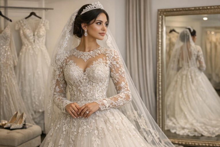 Bride wearing an ornate long-sleeve ball gown, showcasing regal arabic wedding dresses with beading and lace in a U.S. boutique