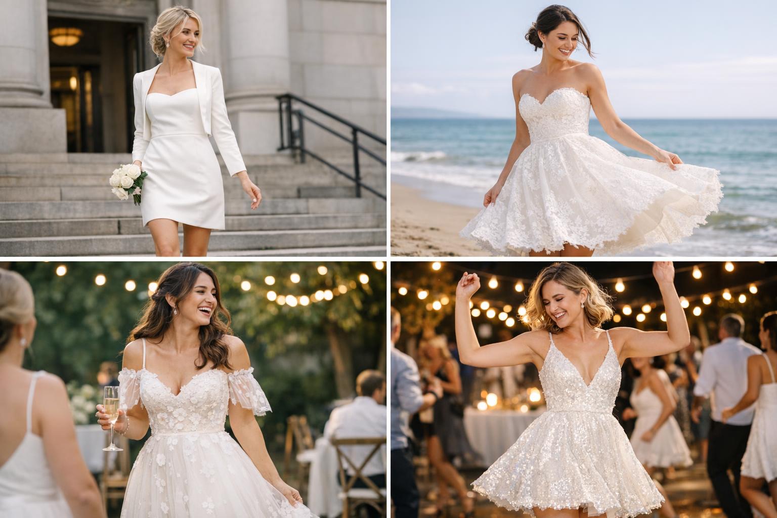 Bride in a satin tea-length dress with heels, showcasing short wedding dresses for a city hall ceremony