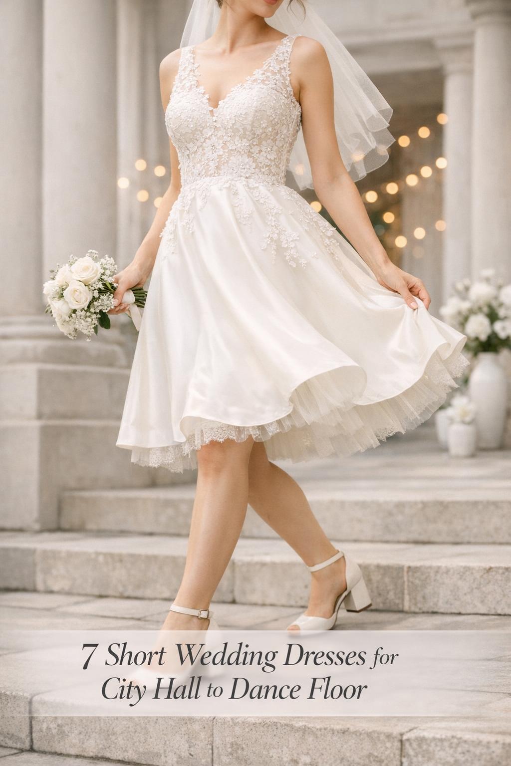 Bride twirling in a chic lace-and-satin city hall look, featuring short wedding dresses with soft tulle hem and heels