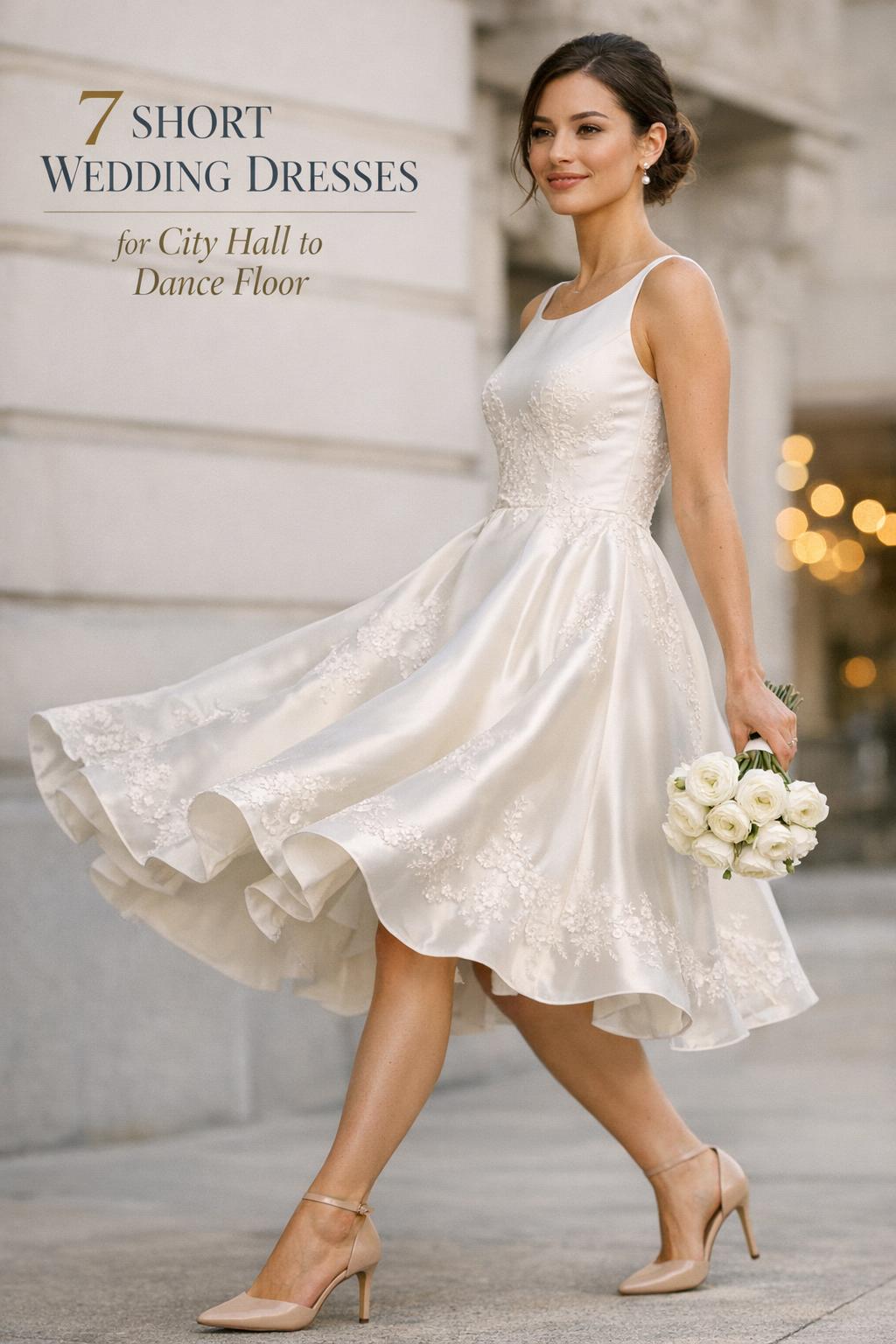 Modern bride in ivory satin short wedding dresses style outside city hall, holding white ranunculus with soft evening bokeh