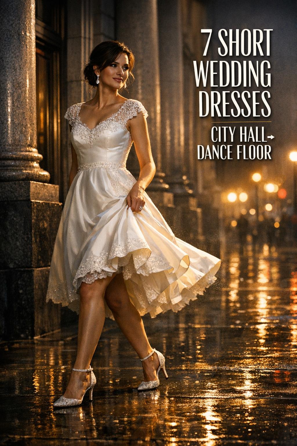 Bride in chic short wedding dresses walking through a rainy city hall entryway at dusk, lifting hem to show heels